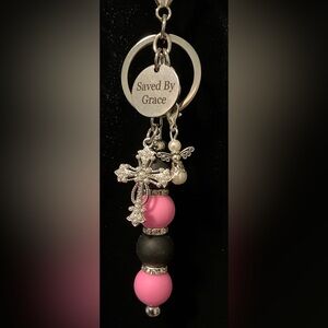“SAVED BY GRACE” PURSE KEYCHAIN INCLUDES CROSS, ANGEL & MESSAGE CHARMS HANDMADE